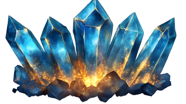 Watercolor illustration of blue crystals with a radiant golden glow. A stunning artistic depiction of vibrant and glowing gemstones. Isolated on transparent background. - Powered by Adobe
