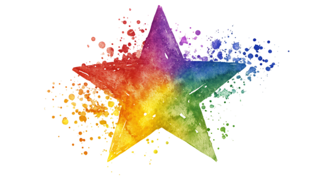 Watercolor illustration of a star featuring a rainbow gradient with vibrant colors, symbolizing creativity, hope, and inspiration. Isolated on transparent background. - Powered by Adobe