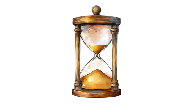 Watercolor illustration of an hourglass with a wooden frame and golden sand, symbolizing time and its passage. Isolated on transparent background. - Powered by Adobe