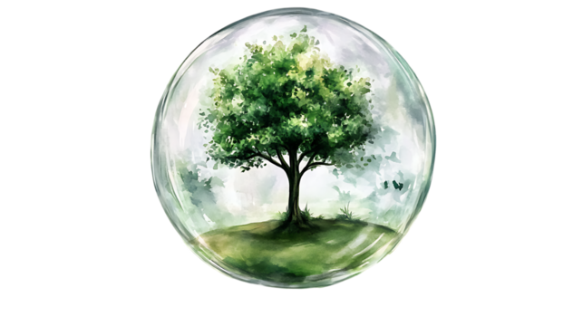 Watercolor illustration of a green tree enclosed within a glass sphere, symbolizing nature conservation and environmental protection. Isolated on transparent background.