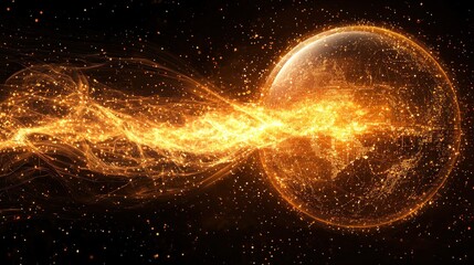 Obraz premium Glowing Golden Planet Surrounded by Sparkling Cosmic Energy Flow