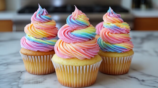 A colorful stack of cupcakes with swirled frosting