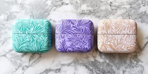 Customizable wireless headphone case with a colorful pattern. Design and personalization of plastic headphone case.