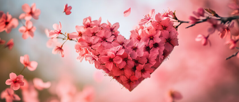 A heart gently formed by swirling cherry blossom petals in the wind, dreamy pink background