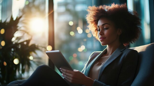 In a vibrant coworking area a confident businesswoman leans back in a chic ergonomic chair absorbing information from her tablet. Warm light filters through large windows casting soft
