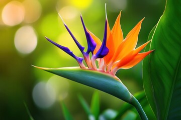 Obraz premium Bird of Paradise flower with vivid orange and purple petals against a lush green foliage