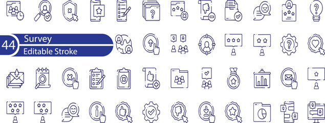 Survey icon set. Containing feedback, opinion, questionnaire, poll, research, data collection, review, satisfaction, answers, task, survey, list, clipboard, unhappy, checklist, and more