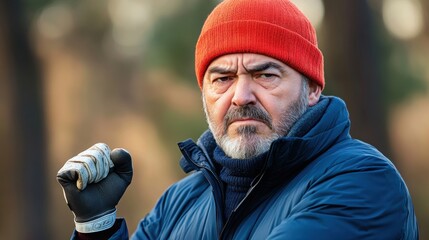 Determined male golfer golf course action shot outdoor close-up sport focus