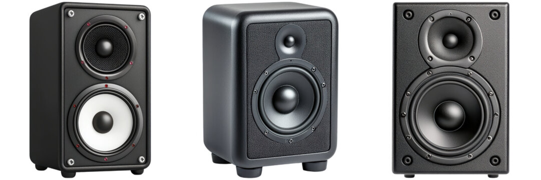 Three black studio monitor speakers for audio production and music listening.
