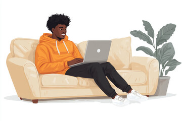 Ilustration of a relaxed young man wearing an orange hoodie, sitting on a beige couch and working on his laptop, with a green plant in the background creating a modern and cozy home office vibe