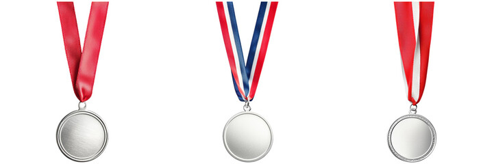 Three silver medals with red and blue ribbons. Symbol of achievement and success.