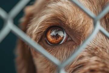 Sad dog waiting for adoption behind bars in animal shelter, close-up on eye