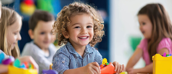 happy child playing with colorful toys in classroom setting