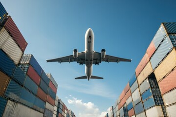Cargo airplane flying over container terminal at sunny day
