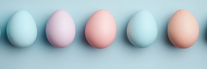 Easter Holiday, Easter Concept, Pastel Easter Eggs Row Spring Holiday Decor Painted Eggs Soft Colors Festive Background