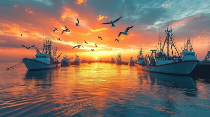 A busy harbor at sunrise, with fishing boats getting ready for the day, seagulls soaring above, and the warm golden light reflecting on the water, giving the scene a vibrant and energetic feel. 