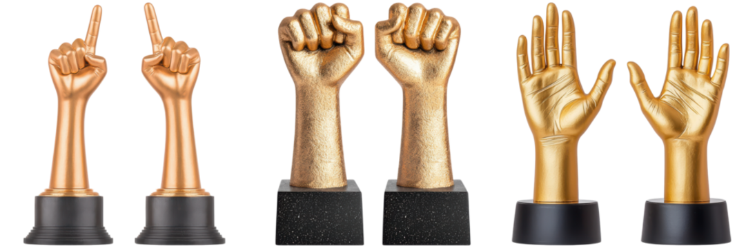 Golden hand trophies with different gestures. Concept of victory, success, and achievement.