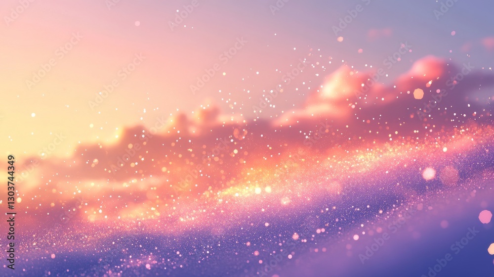 Wall mural beautiful sunset sky with clouds and glowing particles displayed