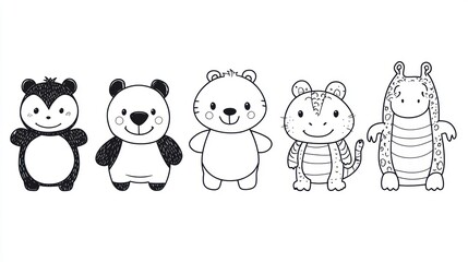 Cute cartoon animals, line art, coloring page, kids