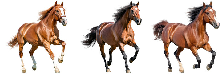 Obraz premium Three brown horses running. Concept of animal, nature, and wildlife.