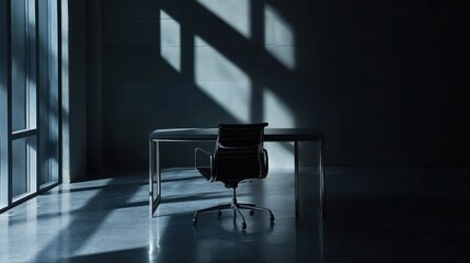 Empty Office Desk, Sunlight Shadows, Modern Interior