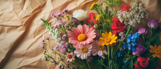 A natural arrangement of fresh-picked garden flowers on a rustic brown paper background, spring vibes