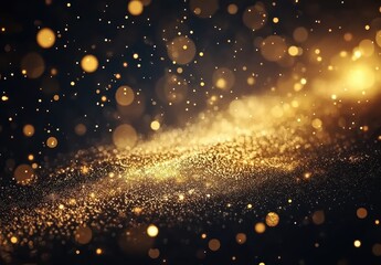 Naklejka premium Glittering Particles and Golden Bokeh Create an Enchanting Abstract Background for Celebrations, Events, and Creative Projects