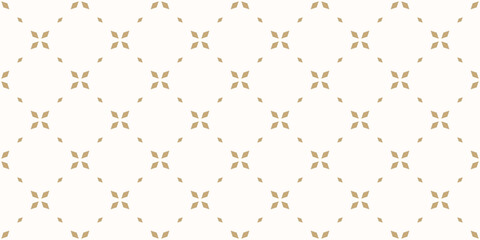 Golden minimal floral geometric seamless pattern. Simple vector abstract background with small flowers, leaves, diamonds, grid. Subtle gold and white minimalist repeat texture. Luxury repeated design - obrazy, fototapety, plakaty