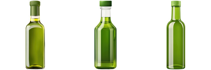 Three green glass bottles isolated on white background.