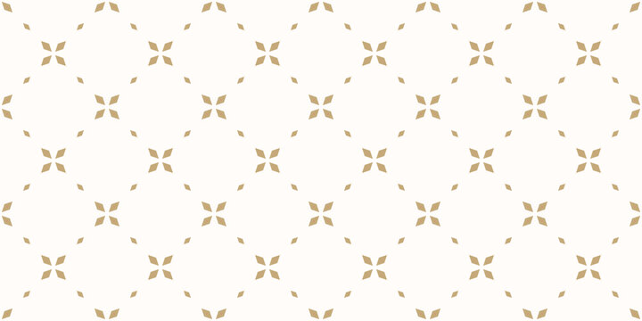 Golden minimal floral geometric seamless pattern. Simple vector abstract background with small flowers, leaves, diamonds, grid. Subtle gold and white minimalist repeat texture. Luxury repeated design