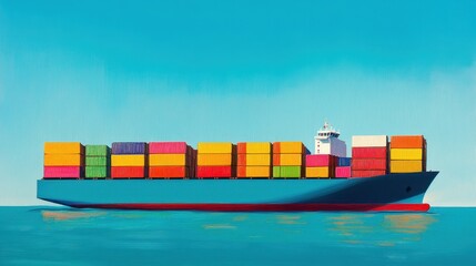 container ship sailing through open waters under a clear blue sky, symbolizing global trade and economic connectivity, with stacked colorful shipping containers reflecting international markets and co