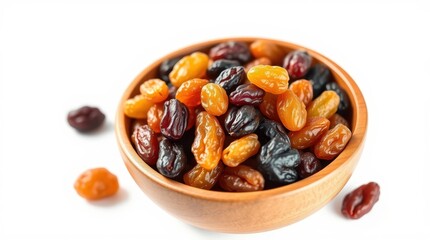 Obraz premium Mixed Dried Raisins in Wooden Bowl on White Background