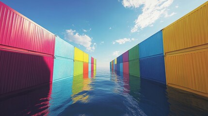 container ship sailing through open waters under a clear blue sky, symbolizing global trade and economic connectivity, with stacked colorful shipping containers reflecting international markets and co