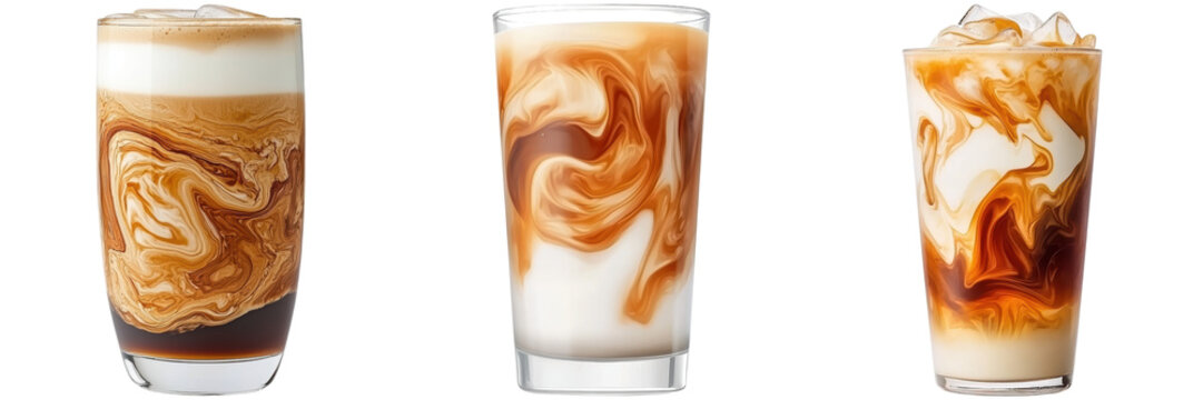 Three glasses of iced coffee with milk. Refreshing summer drinks.