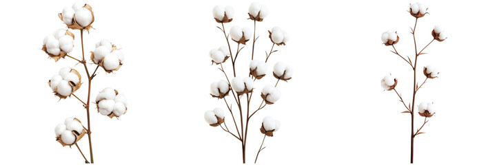 Three cotton flower branches on a white background. Cotton is a soft, fluffy staple fiber that grows in a boll, or protective case, around the seeds of the cotton plants.