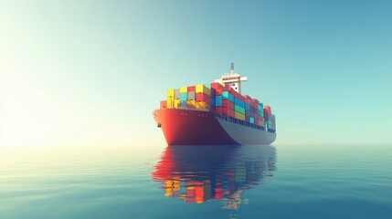 Fototapeta premium container ship sailing through open waters under a clear blue sky, symbolizing global trade and economic connectivity, with stacked colorful shipping containers reflecting international markets and co