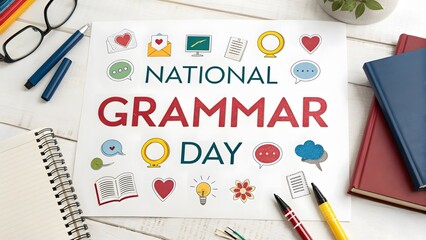National Grammar Day: A close-up view of a vibrant and creatively styled desk setup, with a poster prominently displaying "National Grammar Day" surrounded by symbolic icons like books, hearts.