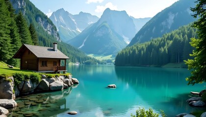 Fototapeta premium Wooden cabin by the lake in the mountains