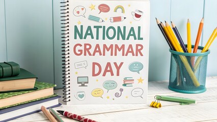 Celebrating National Grammar Day: A vibrantly decorated notebook with "National Grammar Day" displayed on it. with various colorful elements such as speech bubbles and pencils.