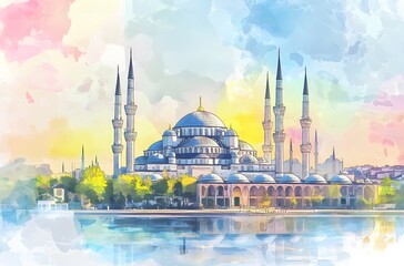 Naklejka premium Majestic Mosque on a Tranquil Waterfront at Dawn