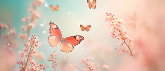Butterflies and tiny spring flowers spread across a dreamy pastel background, top view