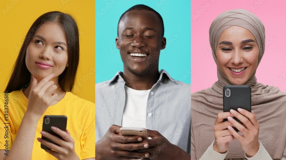Poster three individuals of diverse backgrounds interact with their smartphones, expressing various emotion