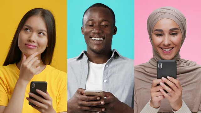 Three individuals of diverse backgrounds interact with their smartphones, expressing various emotions against vibrant, contrasting backgrounds.