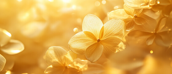 Fototapeta premium Softly glowing spring flower petals arranged in a whimsical pattern on a golden-toned background