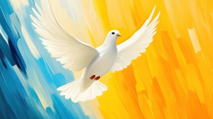 Fototapeta premium White dove soaring gracefully blue and yellow brushstrokes background 