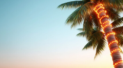 Christmas in July Santa. Palm tree adorned with lights against a serene sky at sunset.