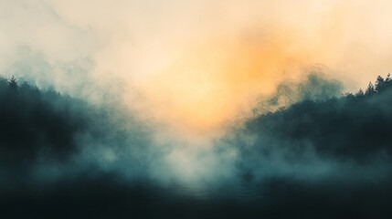 Obraz premium Silhouetted trees rise with ethereal fog above calm water levels