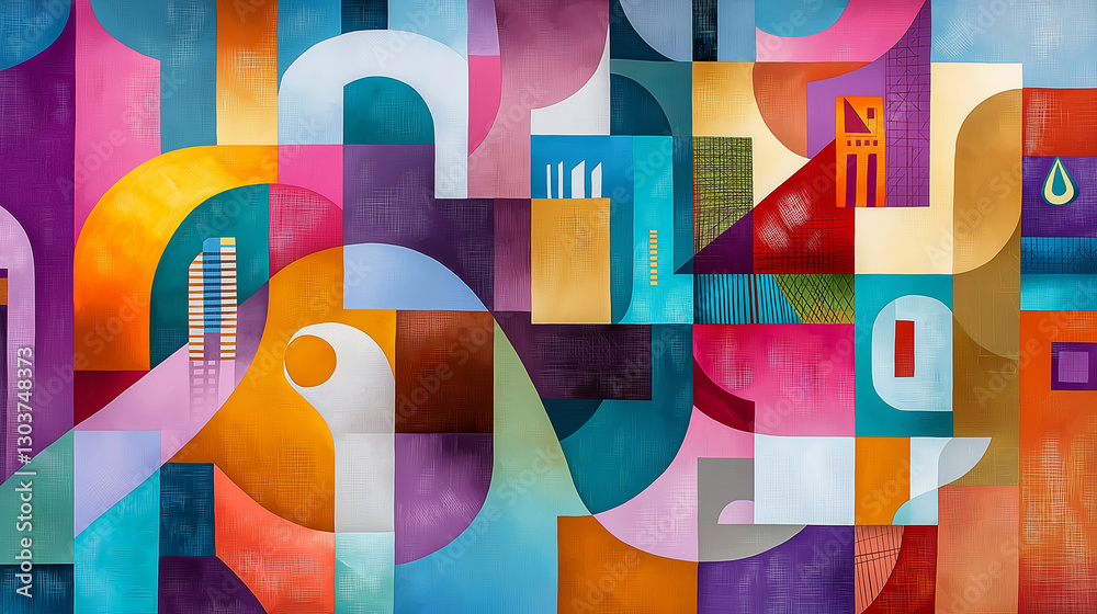 Poster an abstract cityscape where buildings merge into each other, creating a labyrinth of vibrant pattern