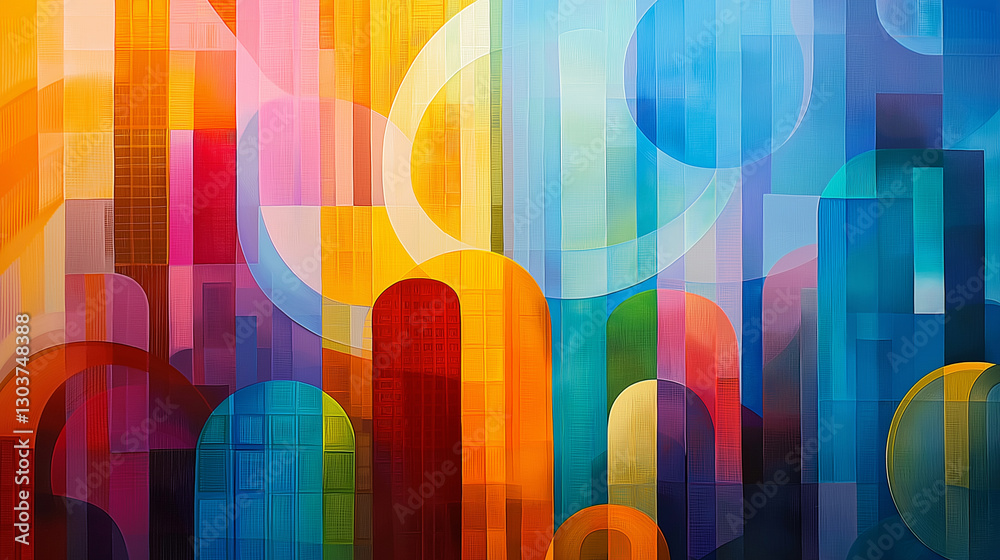 Poster an abstract cityscape where buildings merge into each other, creating a labyrinth of vibrant pattern