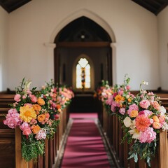Fototapeta premium Easter Holiday, Easter Concept, Vibrant Floral Wedding Aisle Decor in Church Pink Orange Blooms